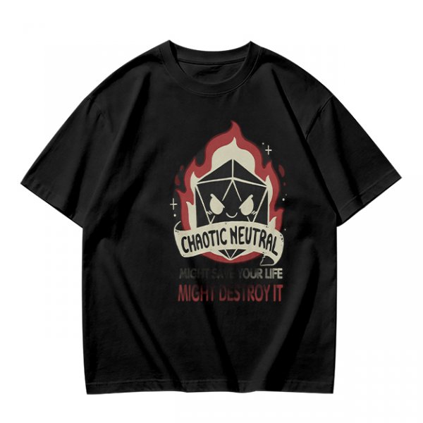 Chaotic Neutral D20 Fire Graphic T-Shirt For Tabletop RPG Fans