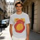 Olive green graphic t-shirt with pizza atom design