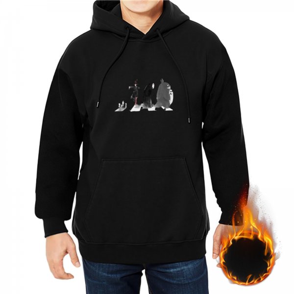 Black hoodie with stylized character graphic print