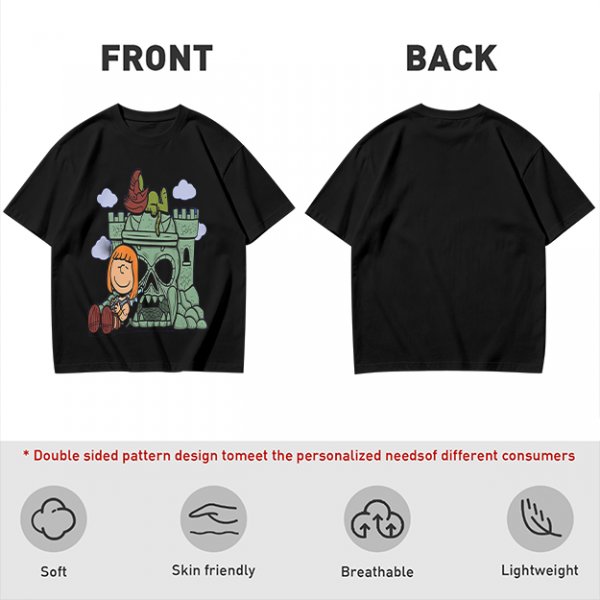 Olive T-shirt with Peanuts-style He-Man Castle Grayskull Graphic