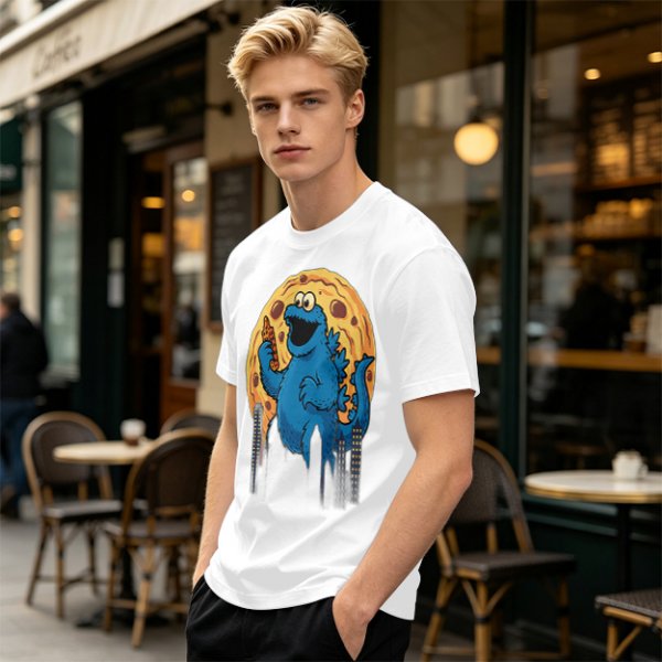 Olive T-Shirt Featuring Giant Cookie Monster Holding Cookie Against Moon