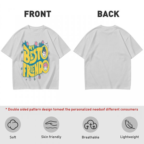 Olive graphic t-shirt with 'MY BESTO FRIENDO' anime character print