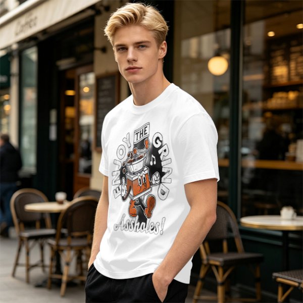 Olive graphic t-shirt with 'Enjoy the grind Assholes' coffee grinder mascot print