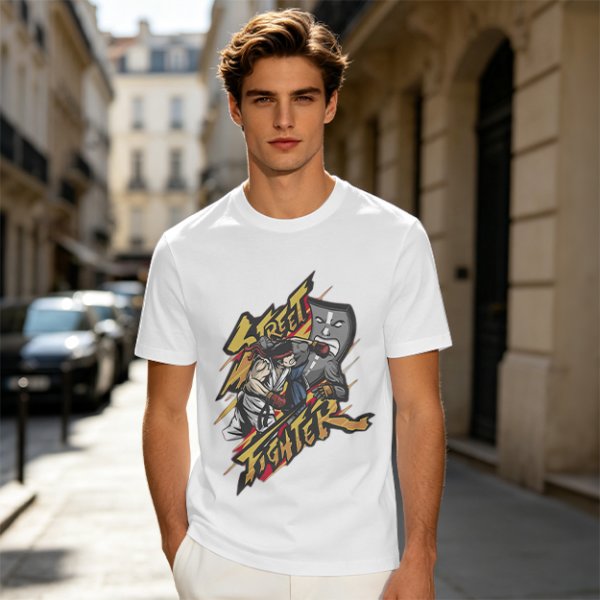 Olive Street Fighter Graphic T-Shirt with Fighting Character Art