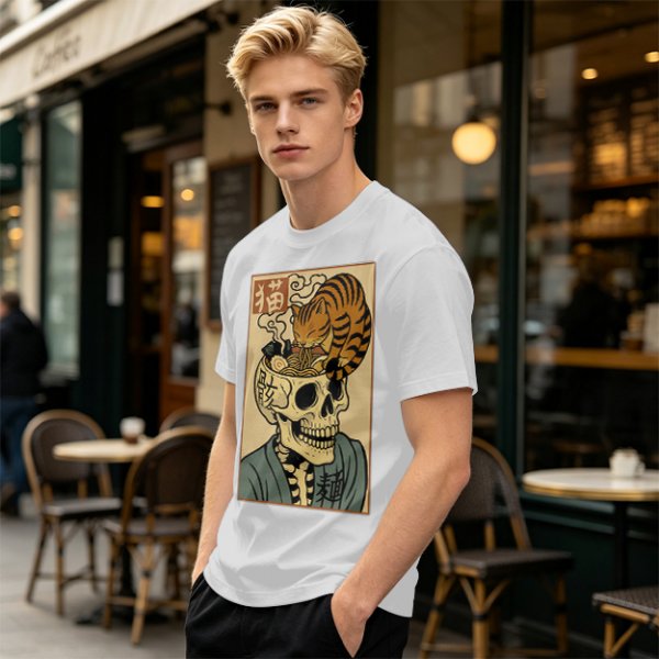 Olive t-shirt with a skull ramen bowl and a napping tabby cat print