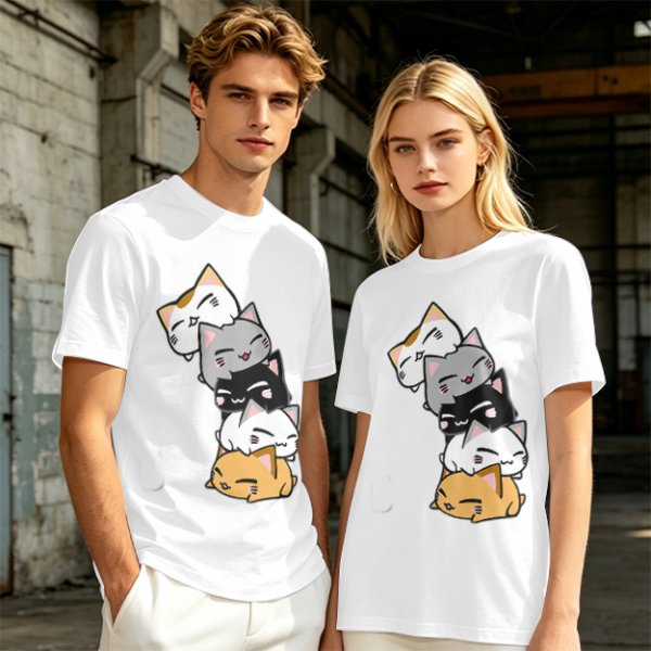 Olive T-Shirt With Stacked Cute Chibi Cats Graphic