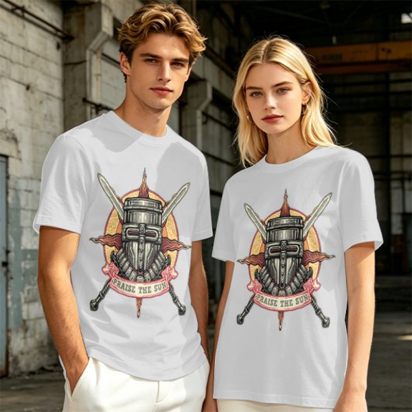 Olive T-Shirt With Praise The Sun Knight Helmet Crossed Swords Artwork