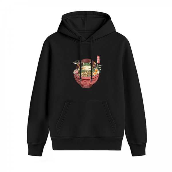 Black hoodie with a frog in a ramen bowl graphic