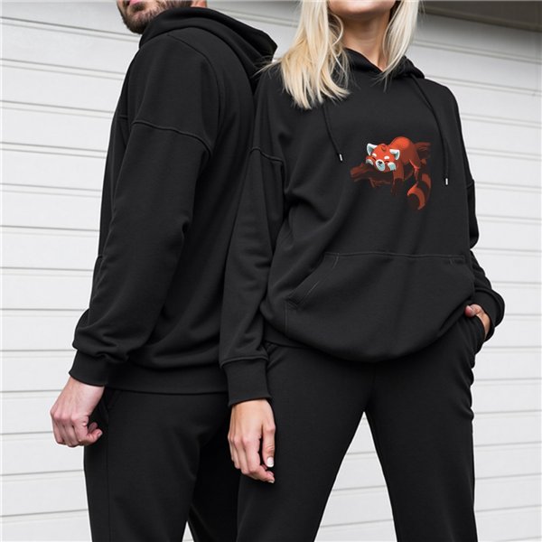 Black hoodie with a resting red panda graphic print