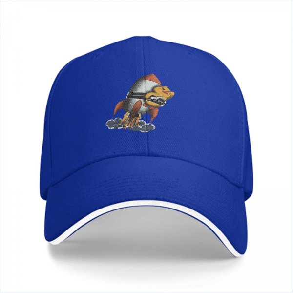 Black baseball cap with cartoon duck riding a rocket launch design