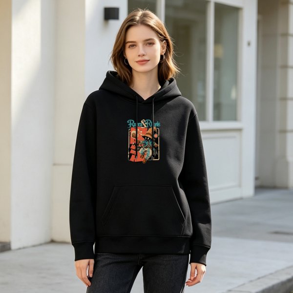 Black hoodie with fantasy wizard graphic and text print