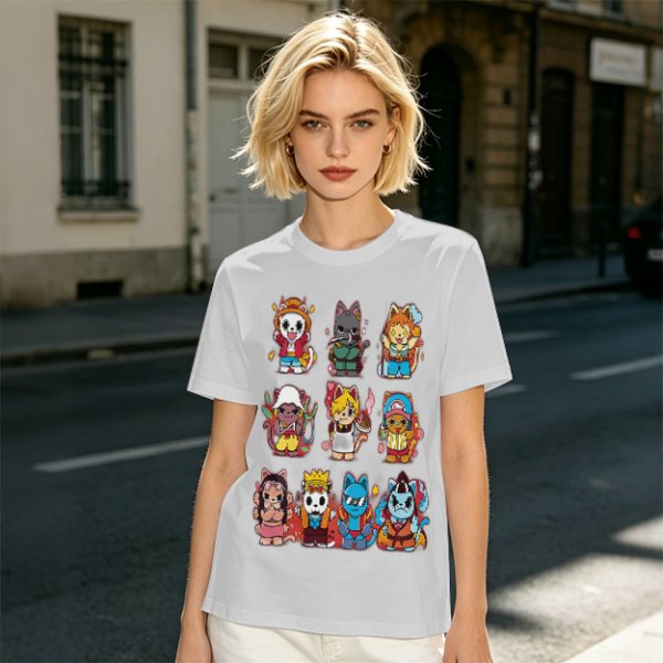 Olive T-Shirt With Cute Anime Cat Character Print
