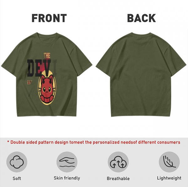 Olive T-Shirt with Red Devil Cat Graphic and The Dev Print