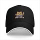 Black baseball cap with a hungry cat graphic and frequent snacks text