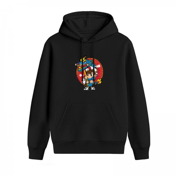Black hoodie with chibi dragon and martial arts character graphic