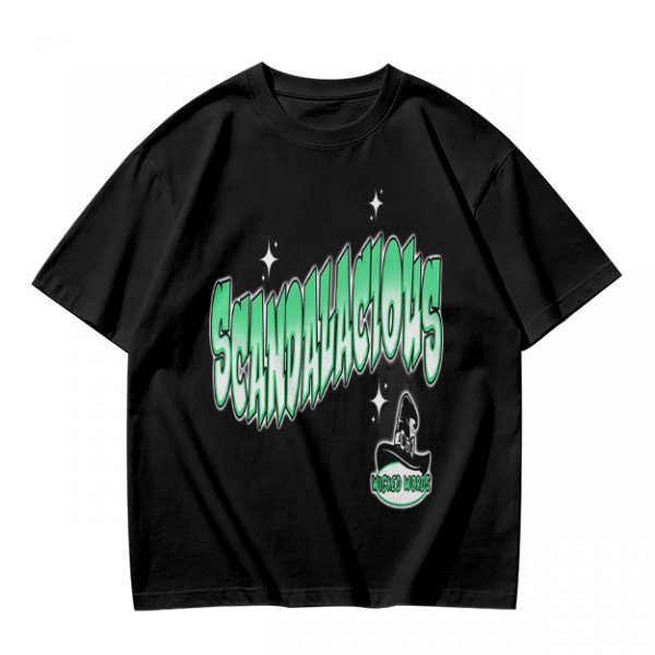 Olive green graphic t-shirt with 'Scandalacious' print and witch hat design