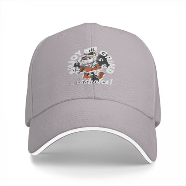 Black baseball cap with 'Enjoy The Grind Assholes!' cartoon print