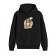 Black hoodie with cartoon dog holding coffee on fire graphic