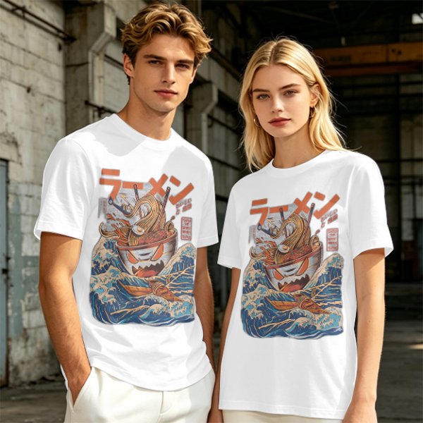 Olive T-Shirt With Great Wave Inspired Monster Ramen Bowl Art