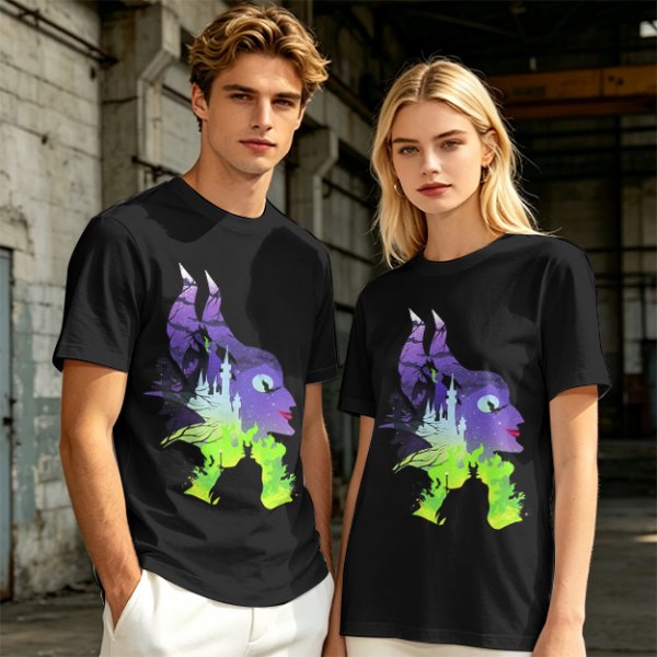 Olive green t-shirt with Maleficent fantasy silhouette graphic