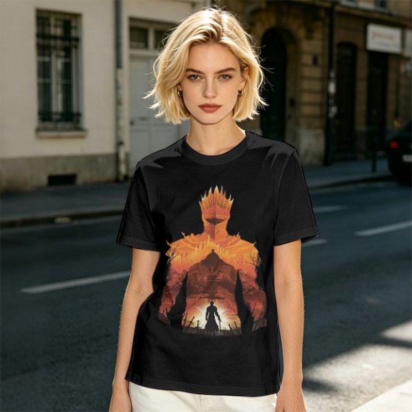 Olive T-Shirt With Giant Fire Warrior Silhouette And Small Knight Print