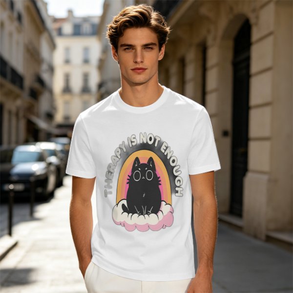 Olive graphic tee with black cat, rainbow, and 'Therapy Is Not Enough' text