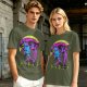 Olive t-shirt with neon vampire Dracula graphic and Japanese text