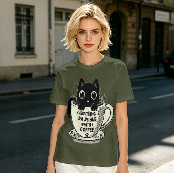 Olive T-Shirt With Black Cat In Coffee Cup 'Everything Is Pawsible With Coffee' Print