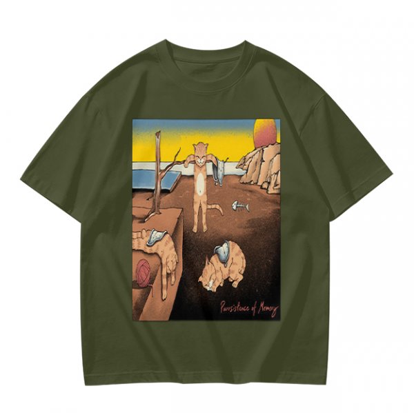 Olive T-Shirt With Surreal Cat Art Print