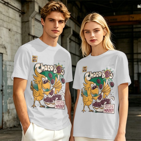 Olive t-shirt with Choco-Bo's cereal graphic featuring a yellow bird