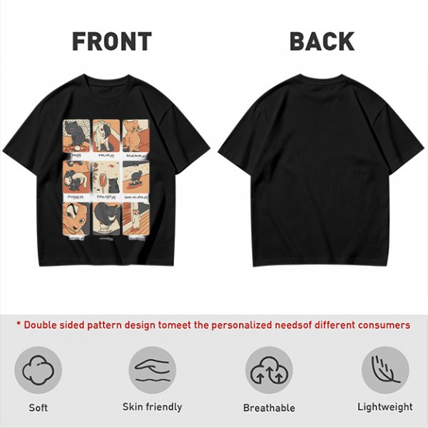 Olive T-Shirt with 9 Grid Cute Cat Illustrations Print