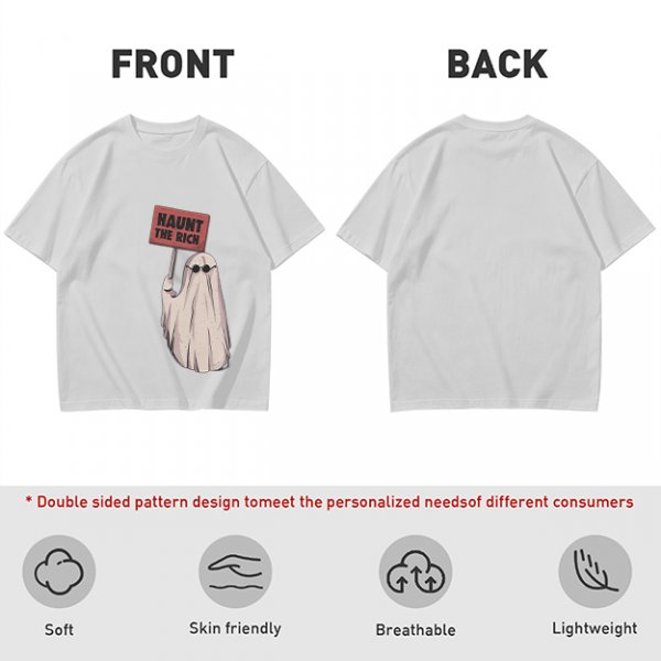 Olive T-Shirt With Ghost Holding 'Haunt The Rich' Protest Sign