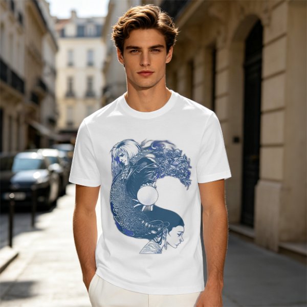 Olive T-Shirt With Two Facing Fantasy Figures And Orb Art Print