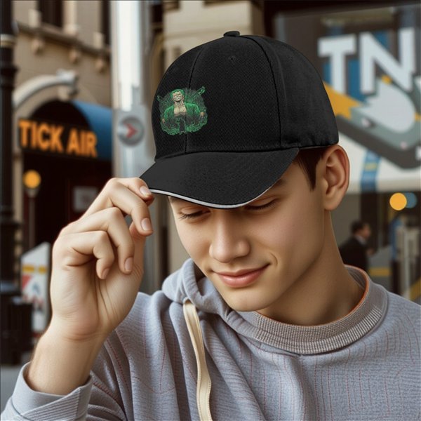 Black baseball cap with One Piece Roronoa Zoro graphic print
