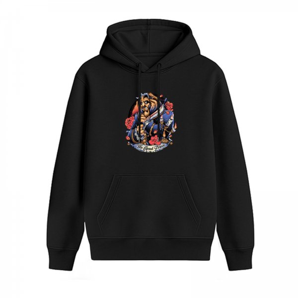 Black hoodie with Beauty and the Beast themed graphic print