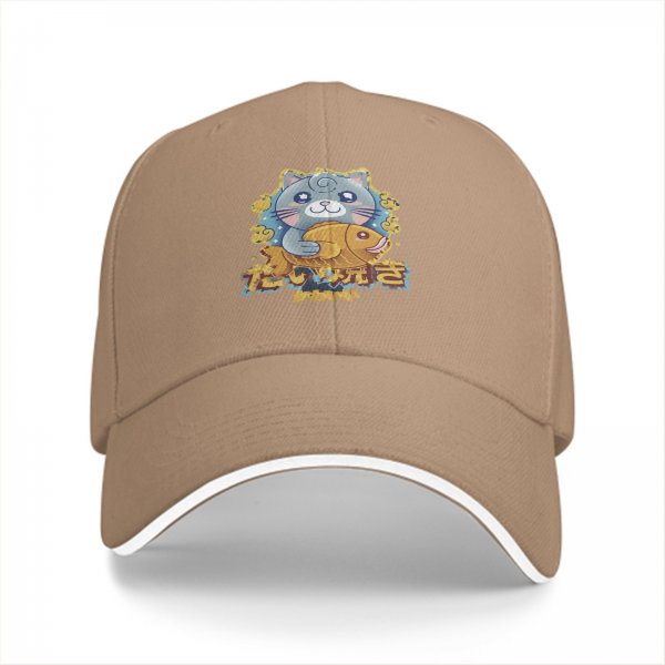 Black Baseball Cap With Cute Cat Holding Taiyaki Japanese Art