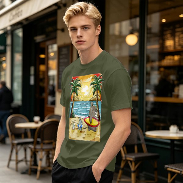 Olive T-Shirt with Beach Scene Print Featuring Totoro and Friends