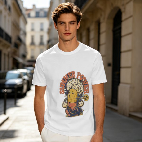 Olive T-Shirt with Retro Summer Power Corn Character Print