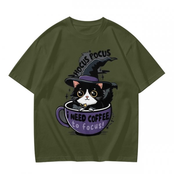 Olive t-shirt with witch cat in coffee cup 'Hocus Pocus I Need Coffee'