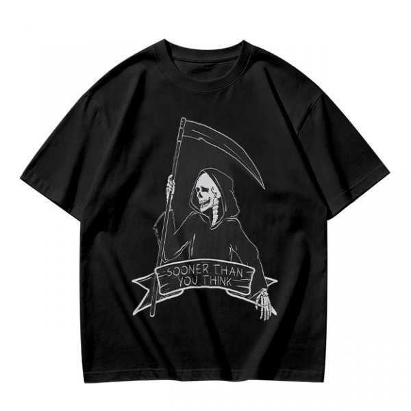Olive Grim Reaper Graphic T-Shirt With Sooner Than You Think Text