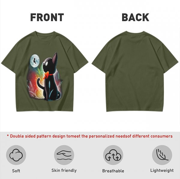 Olive T-shirt with black cat watching moon witch silhouette print