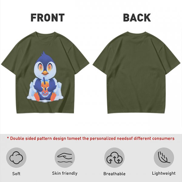 Olive T-shirt with Cute Penguin Drinking Boba Tea Print