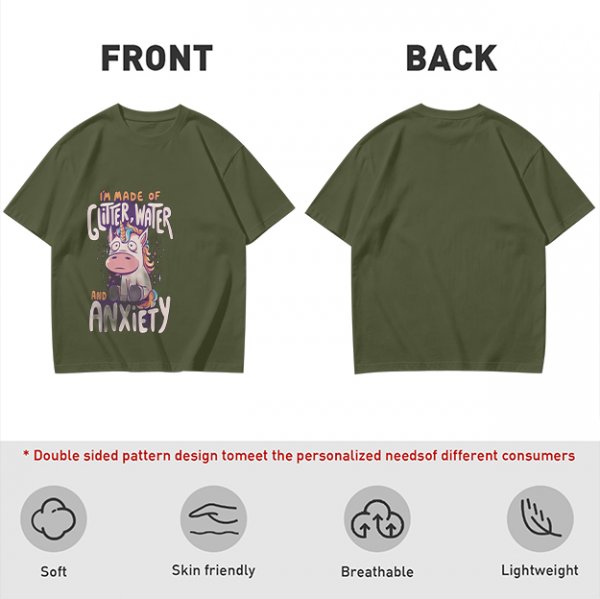 Olive t-shirt with anxious unicorn glitter water and anxiety print