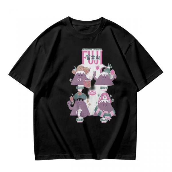Olive green t-shirt with playful Mount Fuji character graphic print