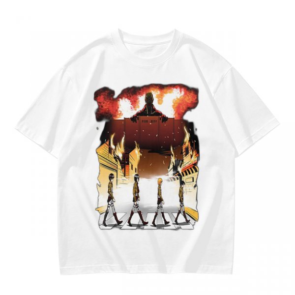 Olive T-Shirt With Anime Characters Crossing Burning Street Print