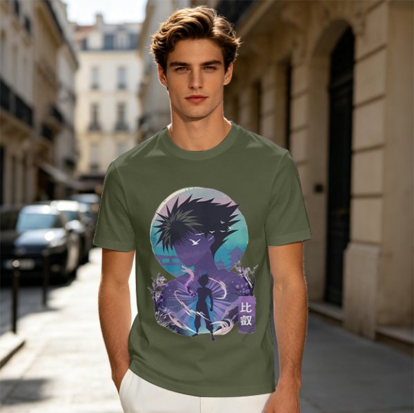 Anime character silhouette graphic tee with stylized purple and blue art