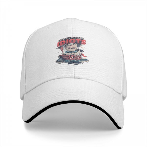 Black baseball cap with sailing cat graphic and 'Sailing in this sea of idiots' text