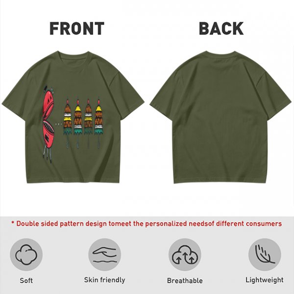 Olive T-Shirt With Cartoon Grill And Skewers Print