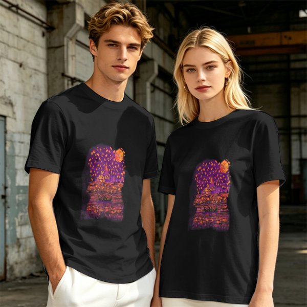 Olive T-Shirt with Purple Sunset Boat Scene Graphic