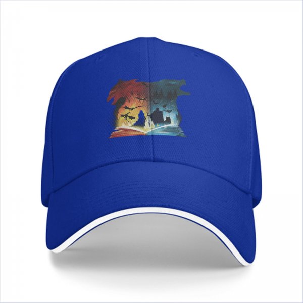 Black baseball cap with fantasy dragon and wolf open book graphic